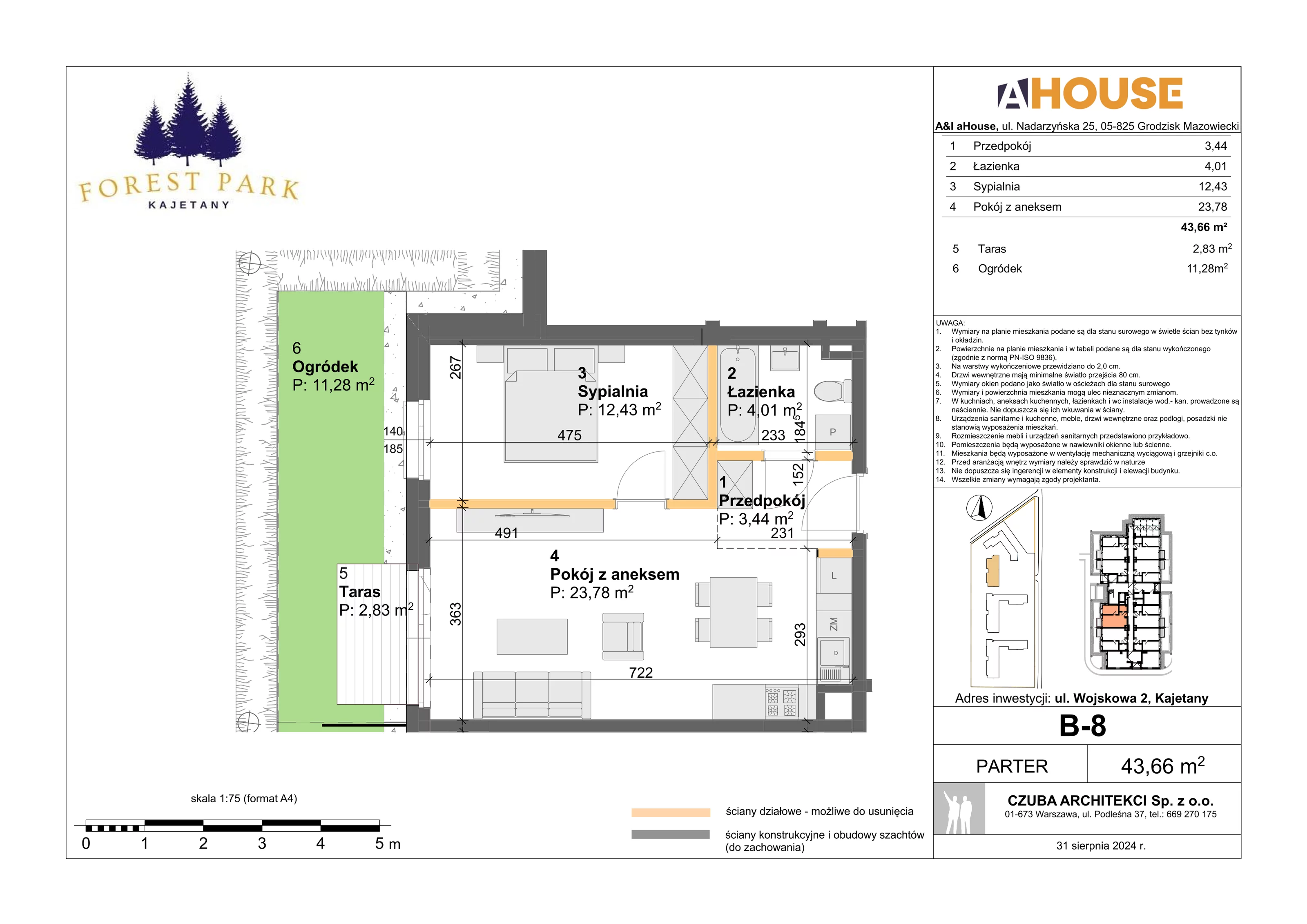 2 pokoje, mieszkanie 43,66 m², parter, oferta nr B-8, Forest Park Kajetany, Kajetany, ul. Wojskowa 2